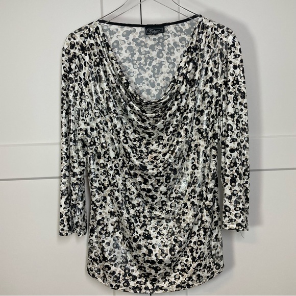 Dressbarn Dot Metallic Blouse White Black Tan Silver Long Sleeve Drape Neck NWOT - Picture 1 of 6